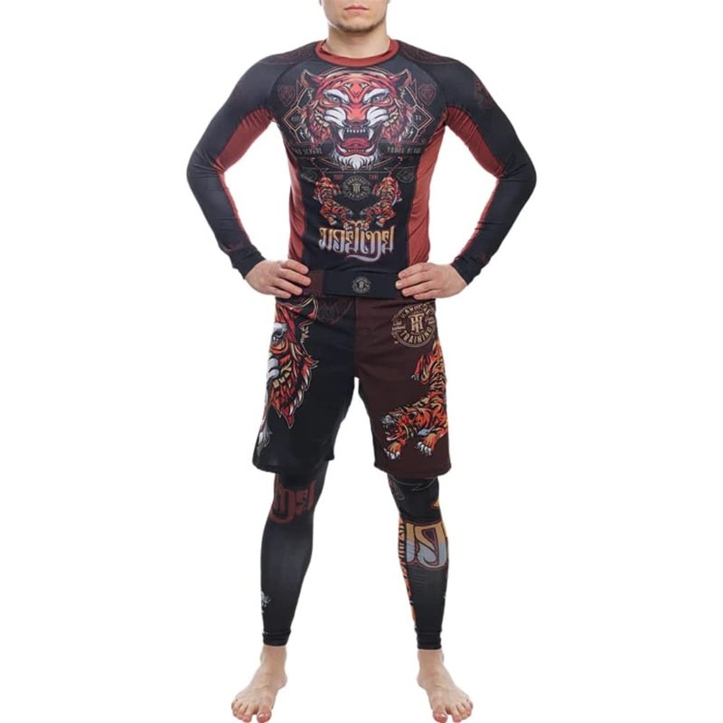 Hardcore Training Tiger Men's Rash Guard Compression Long Sleeve MMA No-Gi Tight BJJ Grappling Base Layer Combat Brown - Image 4